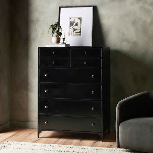 Belmont Tall Dresser by Four Hands in black. Made from iron in a transitional style.