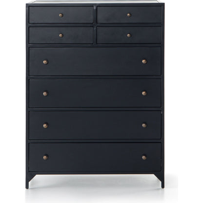 Belmont Tall Dresser by Four Hands in black. Made from iron in a transitional style.
