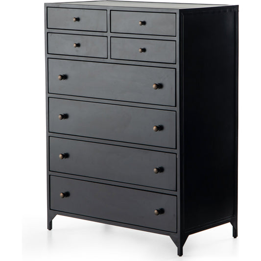 Belmont Tall Dresser by Four Hands in black. Made from iron in a transitional style.