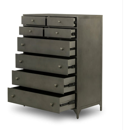 Belmont Tall Dresser by Four Hands in black. Made from iron in a transitional style.