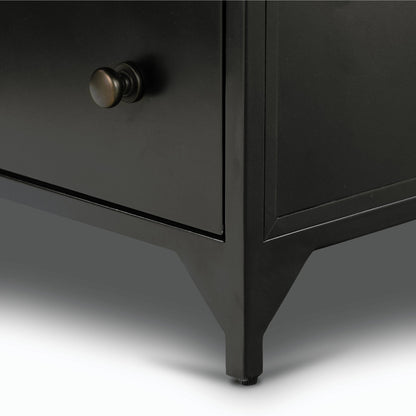 Belmont 2 Drawer Nightstand by Four Hands in black, weathered bronze and black. Made from iron in a modern style.