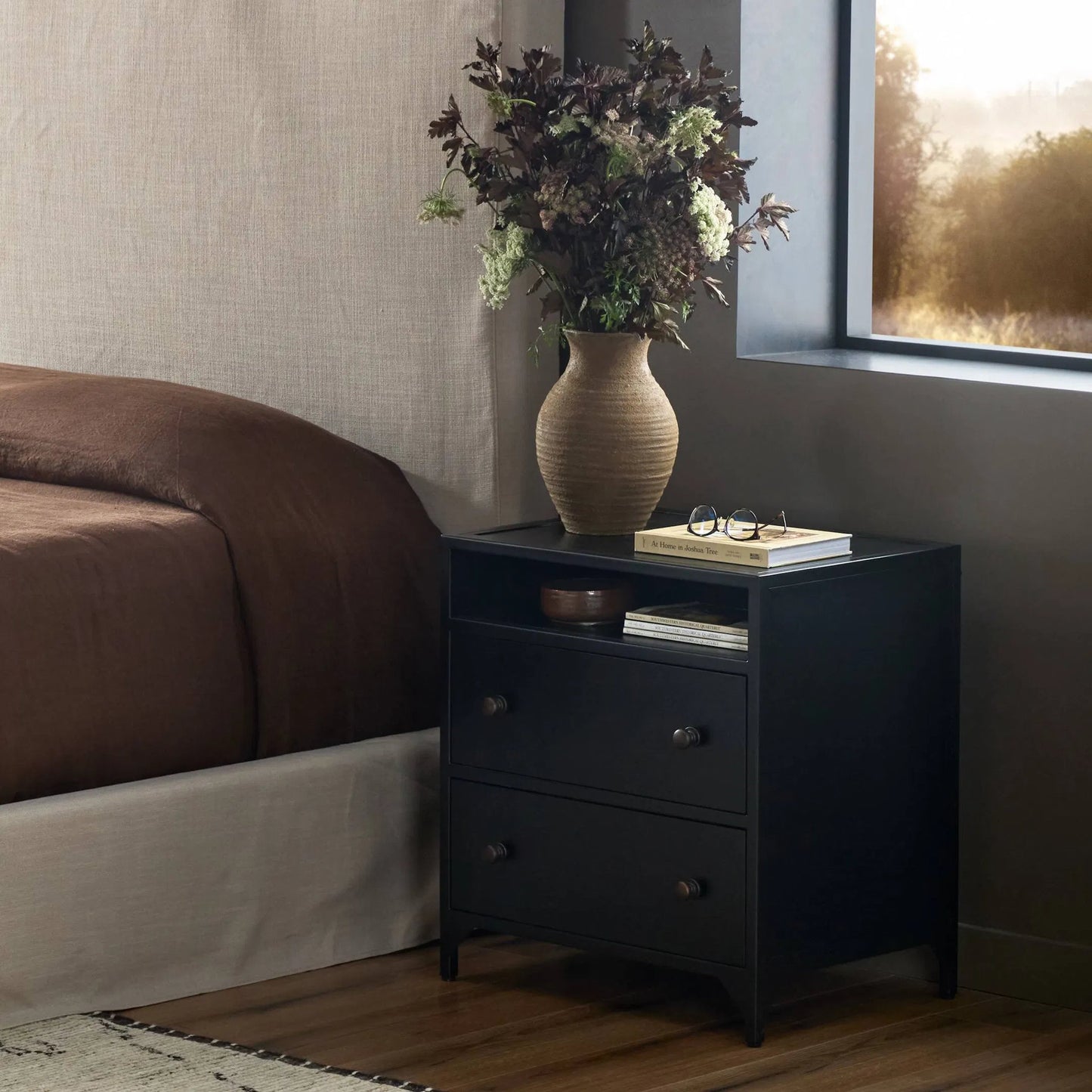 011 SI-2158063 | Lifestyle | Belmont 2 Drawer Nightstand by Four Hands in black, weathered bronze and black. Made from iron in a modern style.