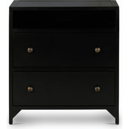 Belmont 2 Drawer Nightstand by Four Hands in black, weathered bronze and black. Made from iron in a modern style.
