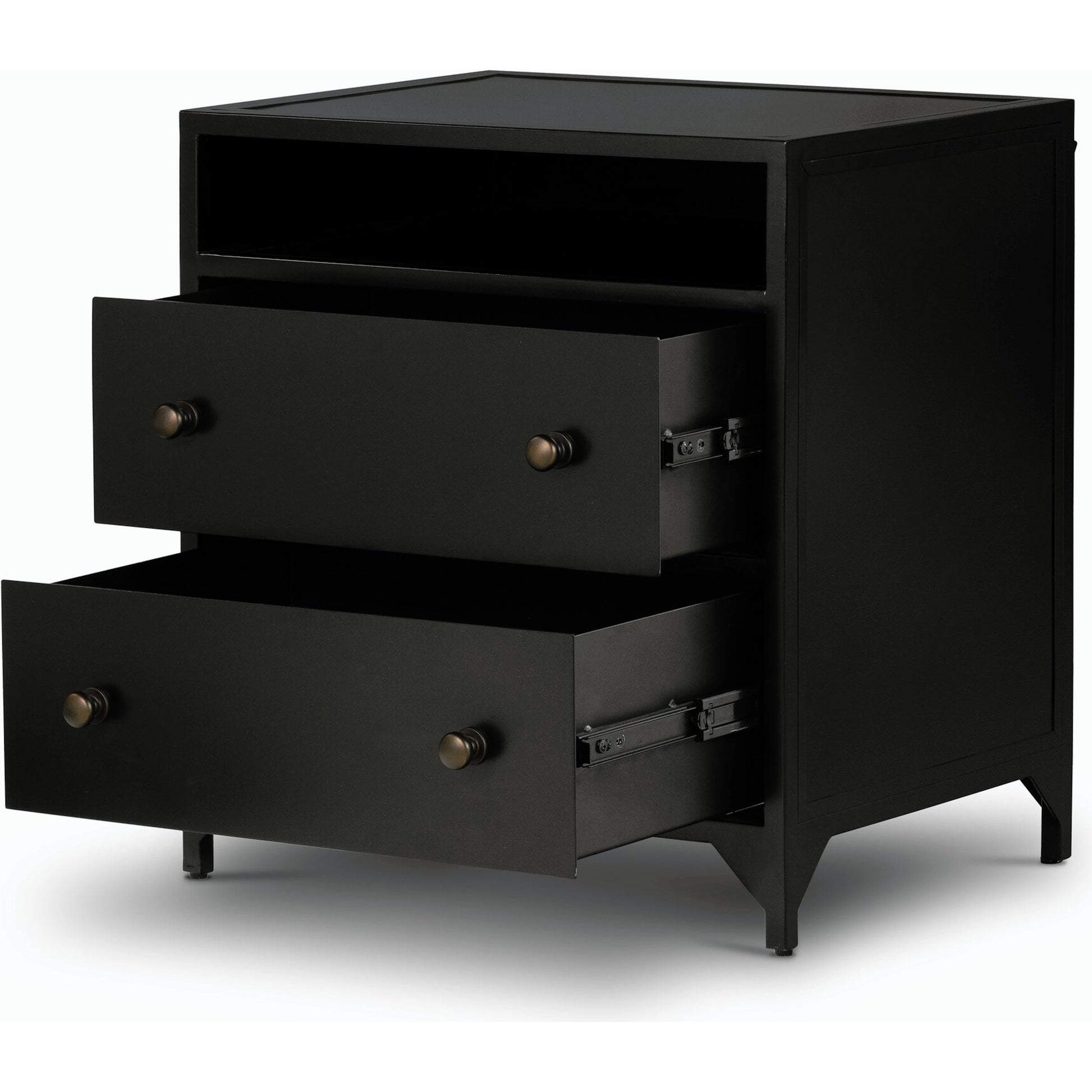 Belmont 2 Drawer Nightstand by Four Hands in black, weathered bronze and black. Made from iron in a modern style.