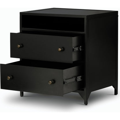 Belmont 2 Drawer Nightstand by Four Hands in black, weathered bronze and black. Made from iron in a modern style.