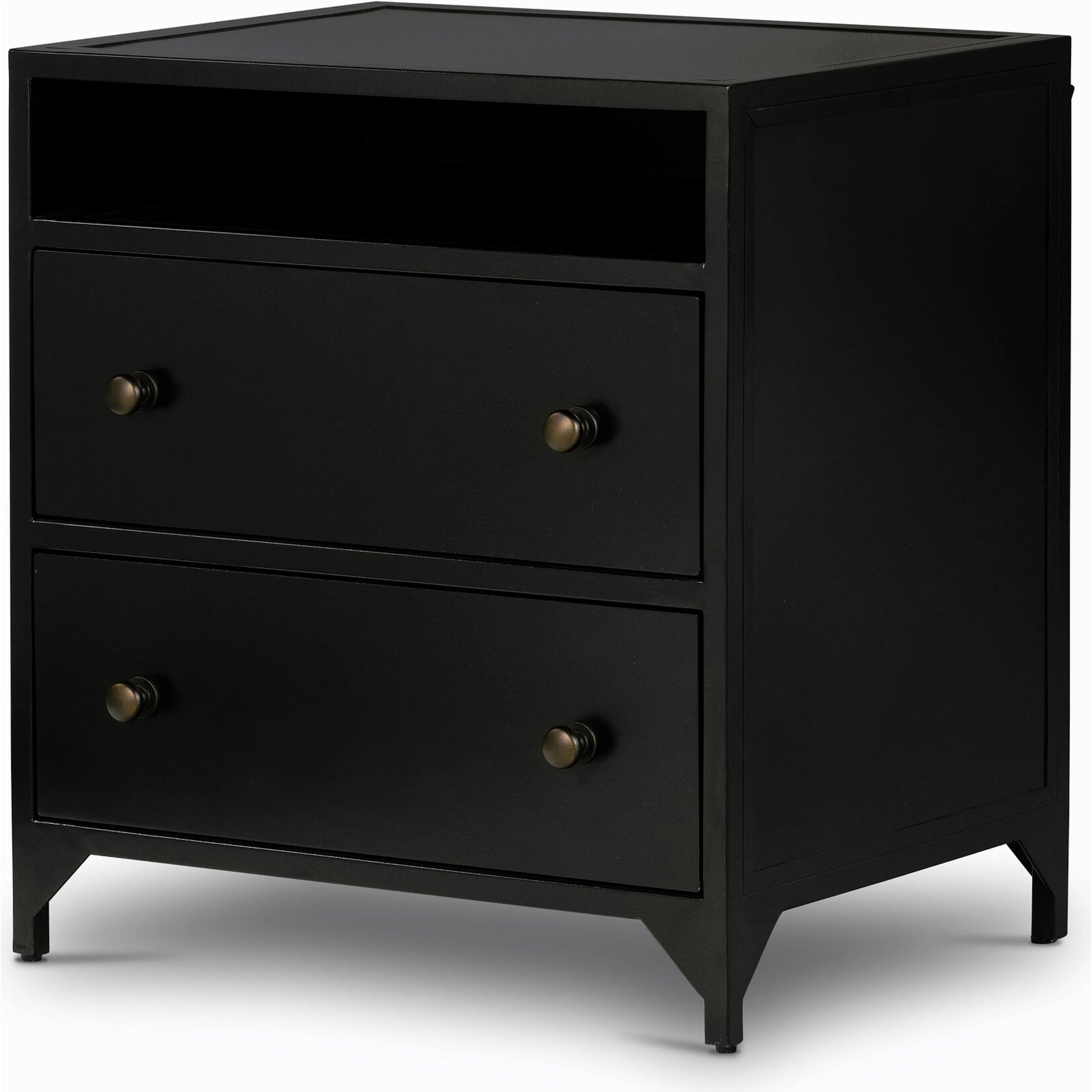 Belmont 2 Drawer Nightstand by Four Hands in black, weathered bronze and black. Made from iron in a modern style.