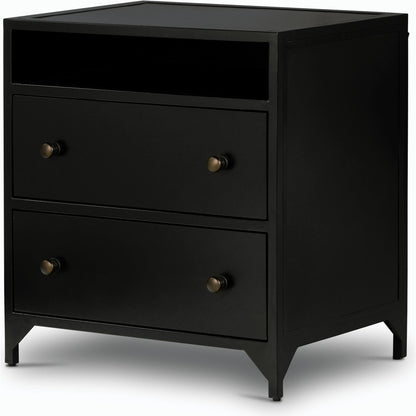Belmont 2 Drawer Nightstand by Four Hands in black, weathered bronze and black. Made from iron in a modern style.
