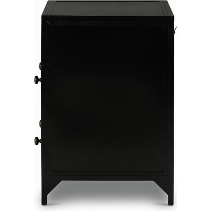 Belmont 2 Drawer Nightstand by Four Hands in black, weathered bronze and black. Made from iron in a modern style.