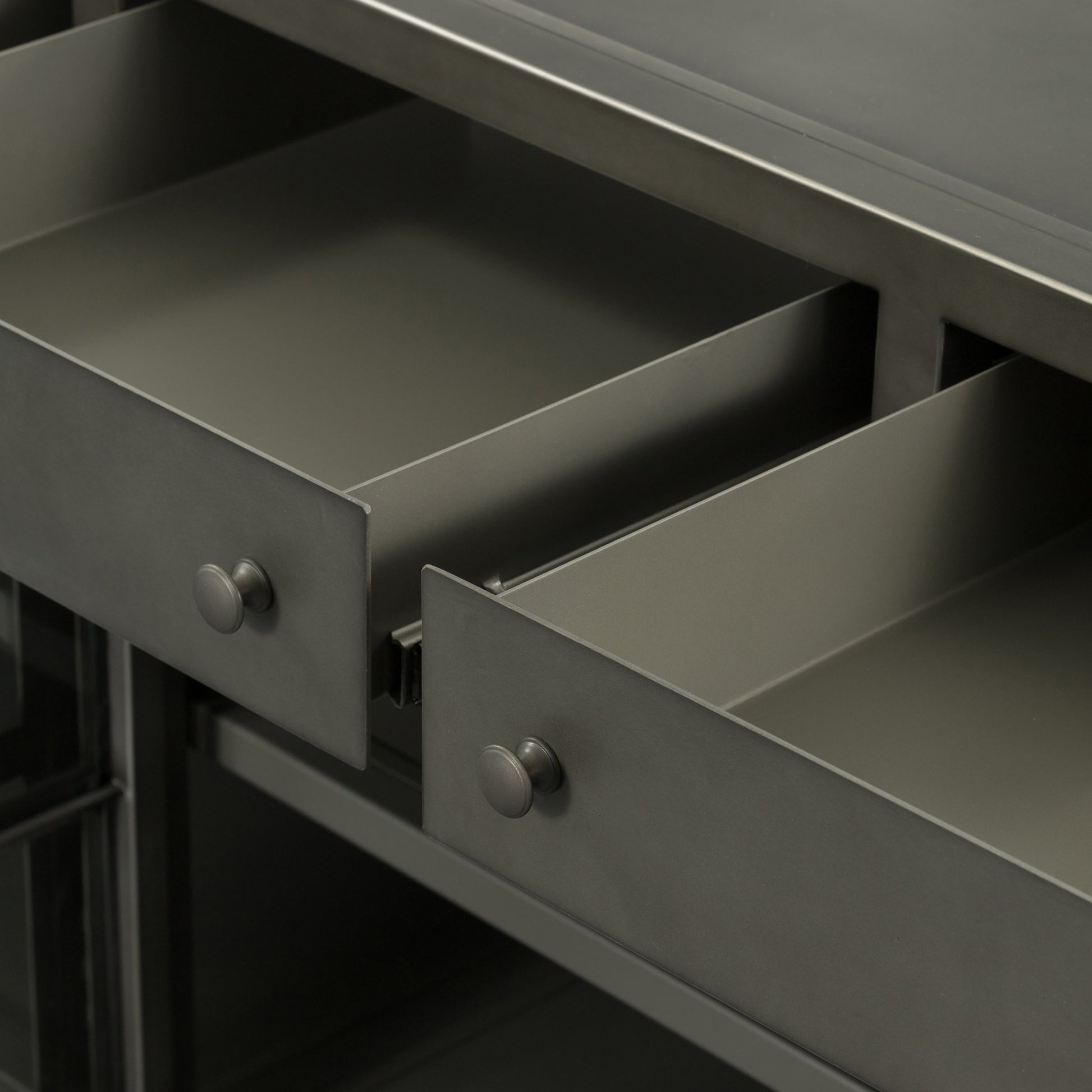 Shadow Box Media Console by Four Hands in black. Made from iron in a modern style.