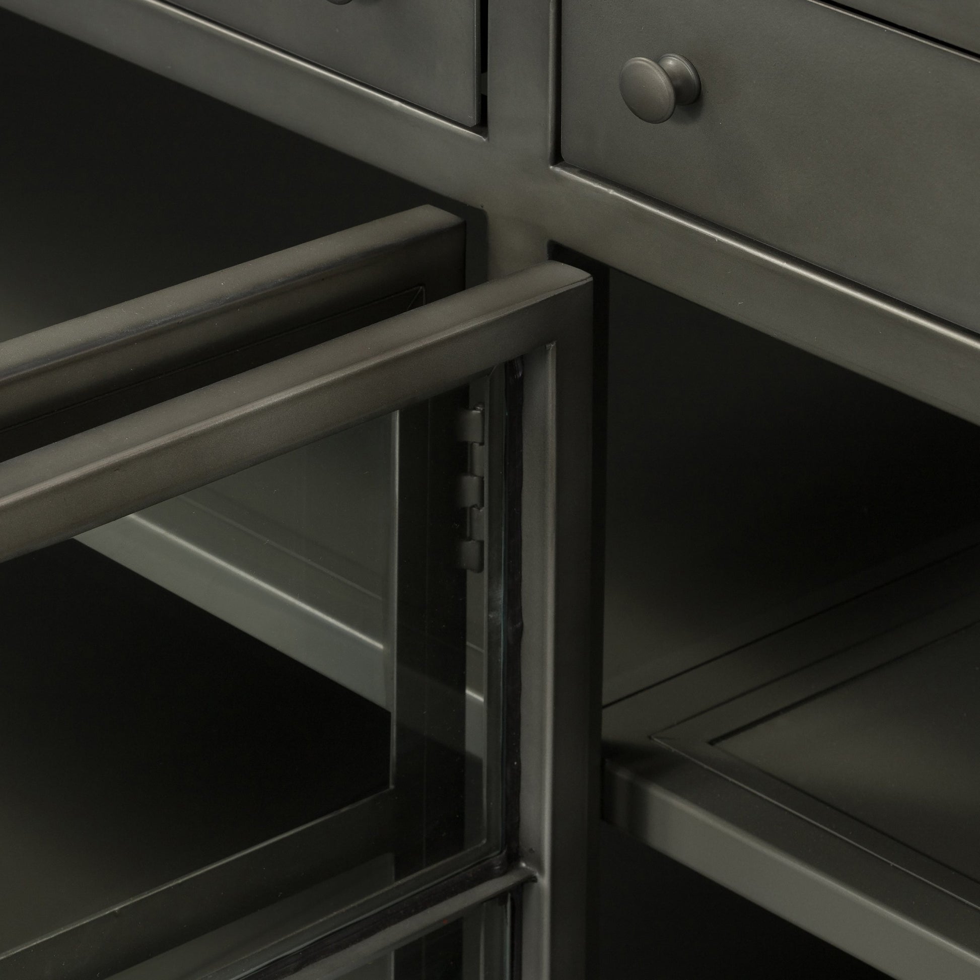 Shadow Box Media Console by Four Hands in black. Made from iron in a modern style.