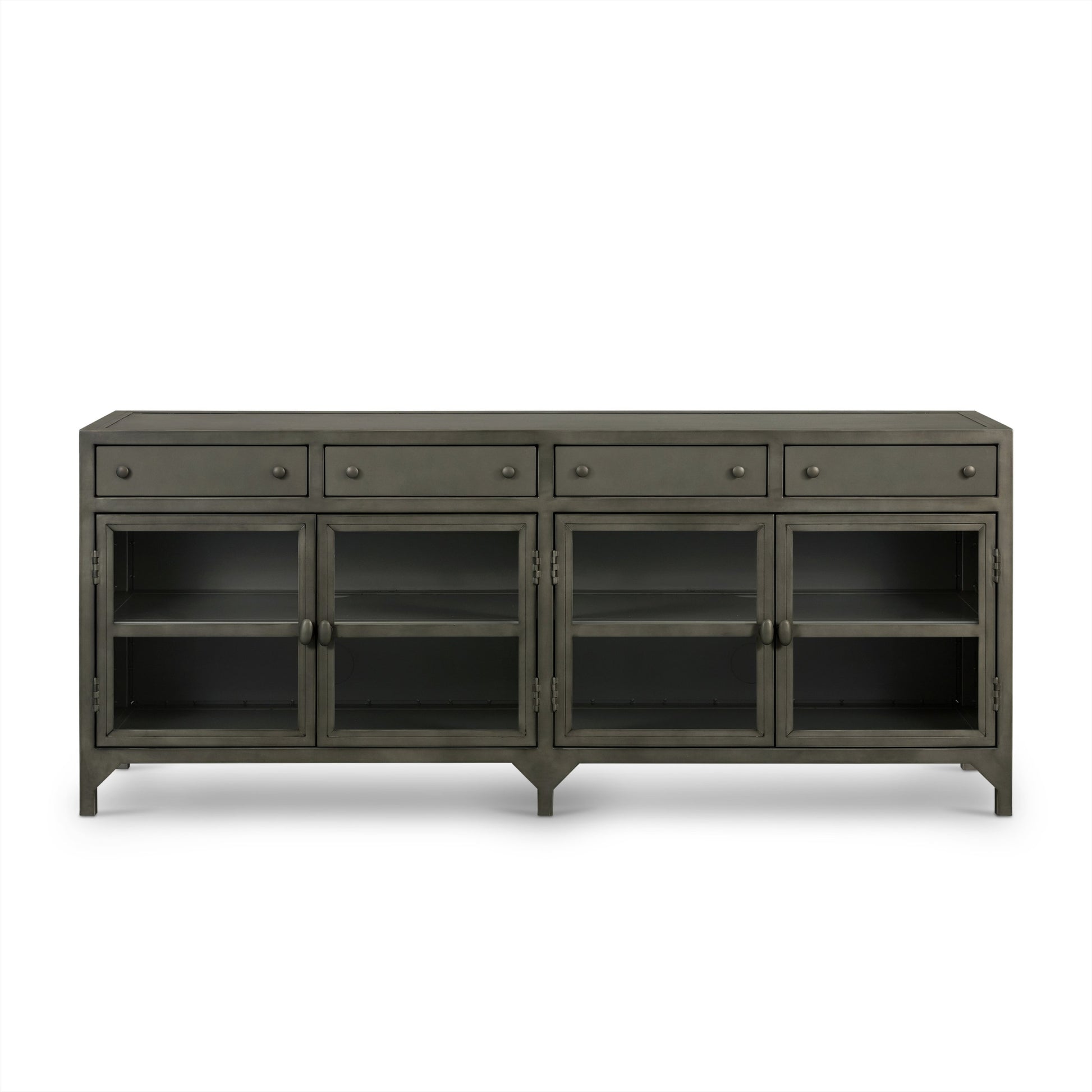 Shadow Box Media Console by Four Hands in black. Made from iron in a modern style.