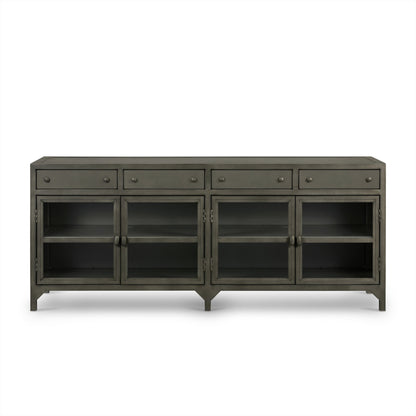 Shadow Box Media Console by Four Hands in black. Made from iron in a modern style.
