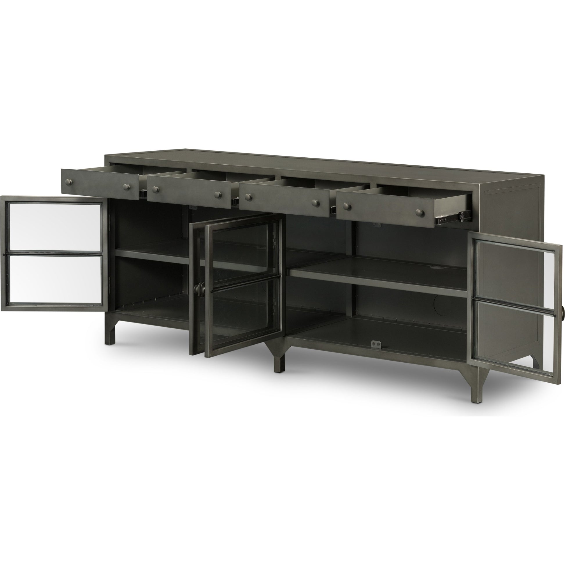 Shadow Box Media Console by Four Hands in black. Made from iron in a modern style.