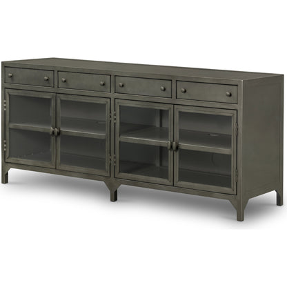 Shadow Box Media Console by Four Hands in black. Made from iron in a modern style.