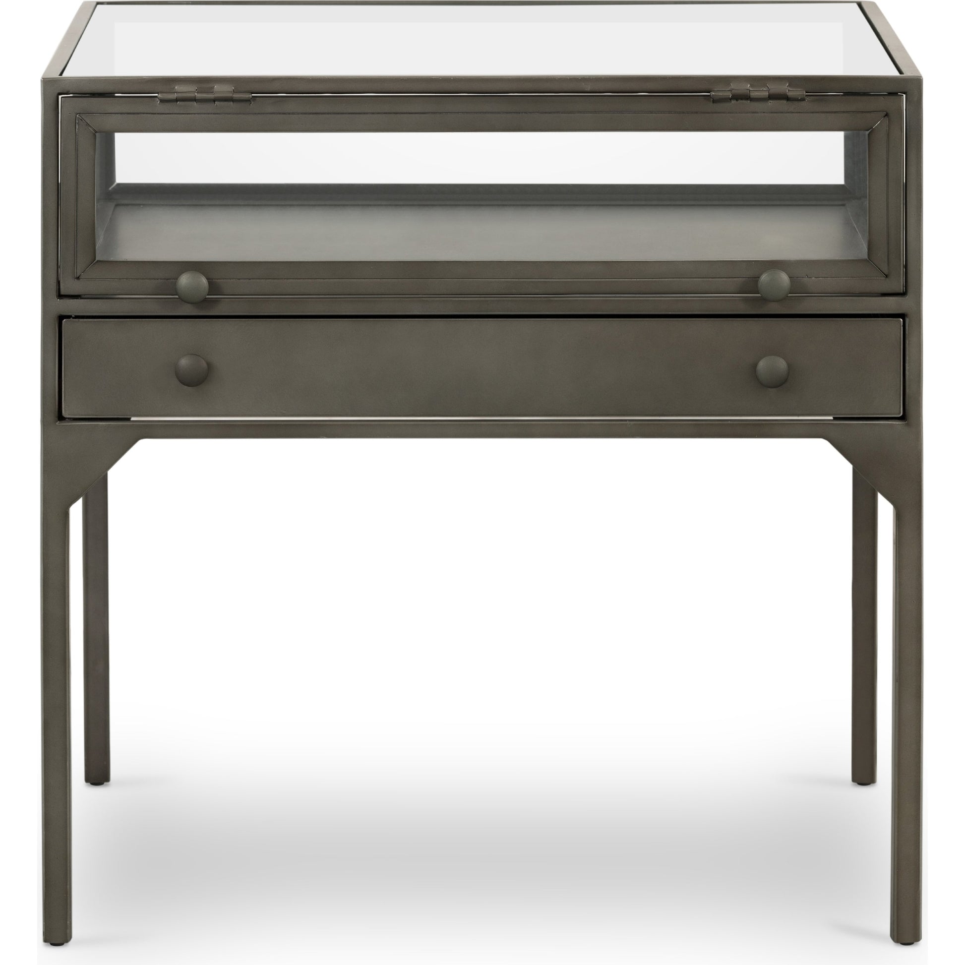 Shadow Box End Table by Four Hands in black. Made from tempered glass, iron in a modern style.