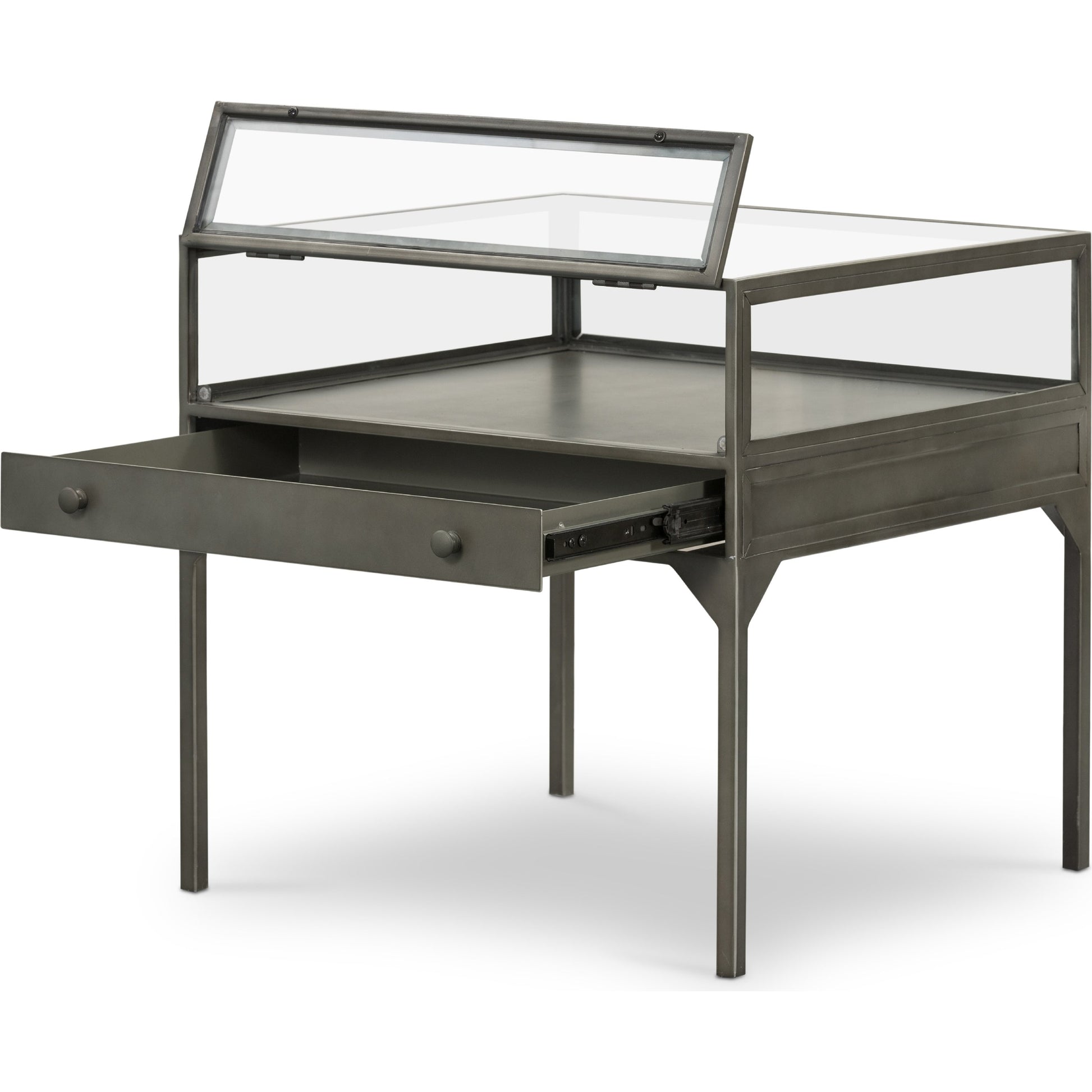 Shadow Box End Table by Four Hands in black. Made from tempered glass, iron in a modern style.