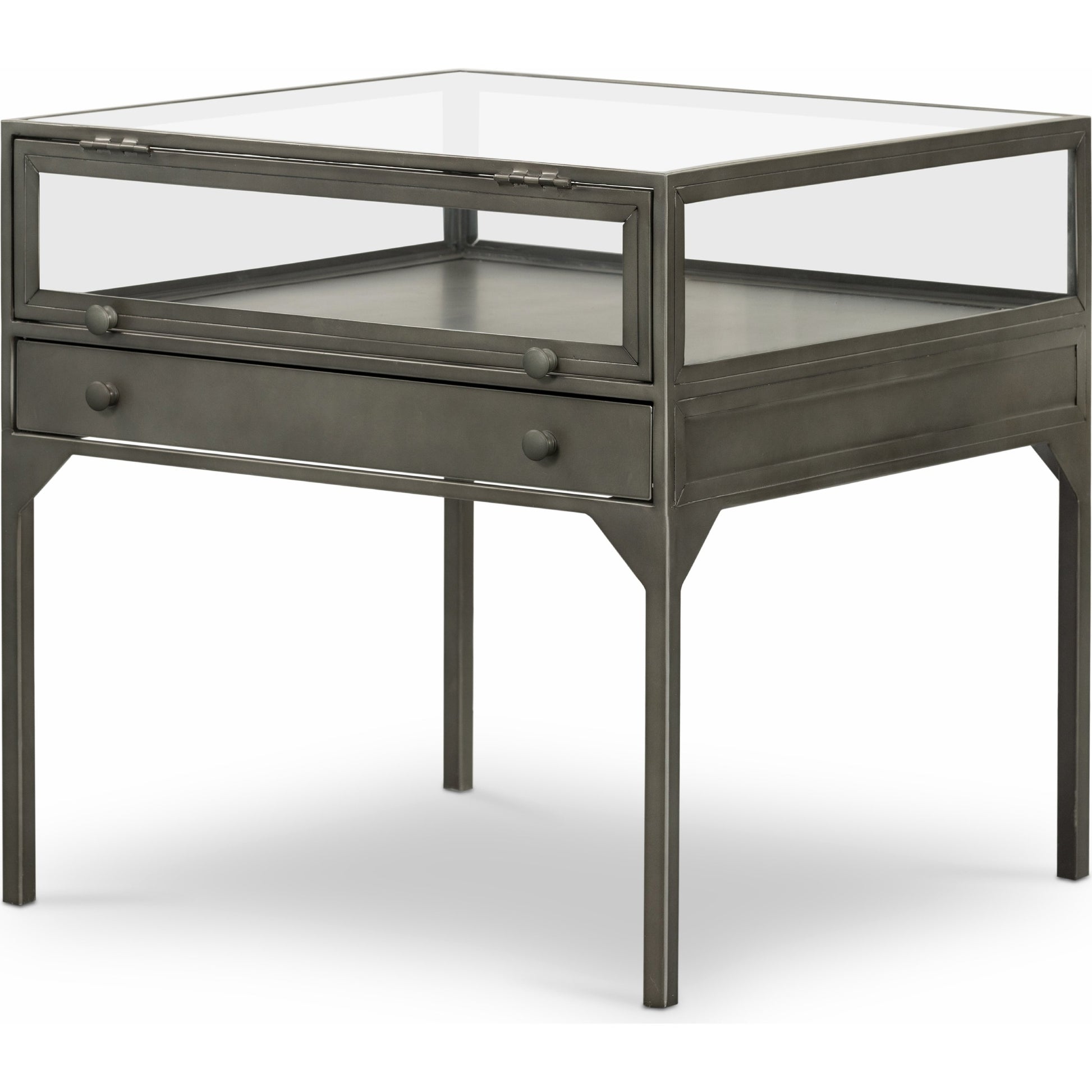 Shadow Box End Table by Four Hands in black. Made from tempered glass, iron in a modern style.