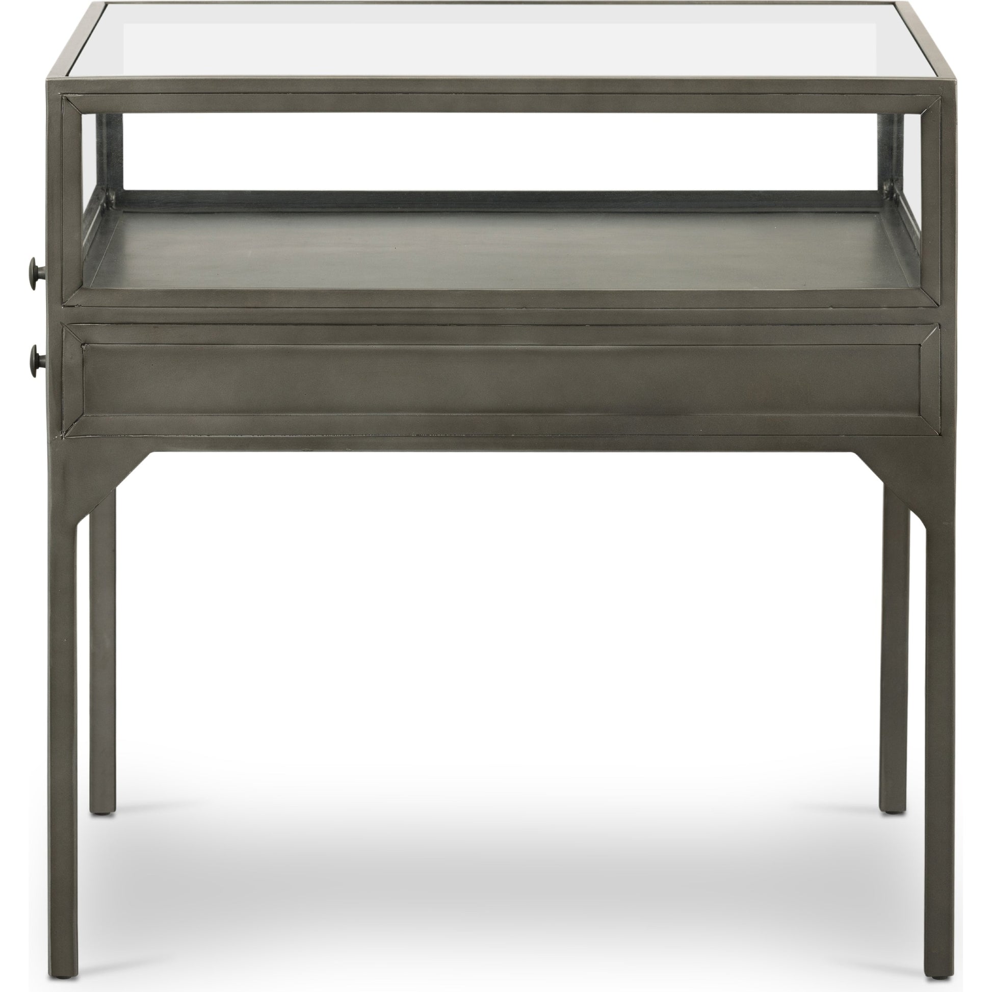 Shadow Box End Table by Four Hands in black. Made from tempered glass, iron in a modern style.