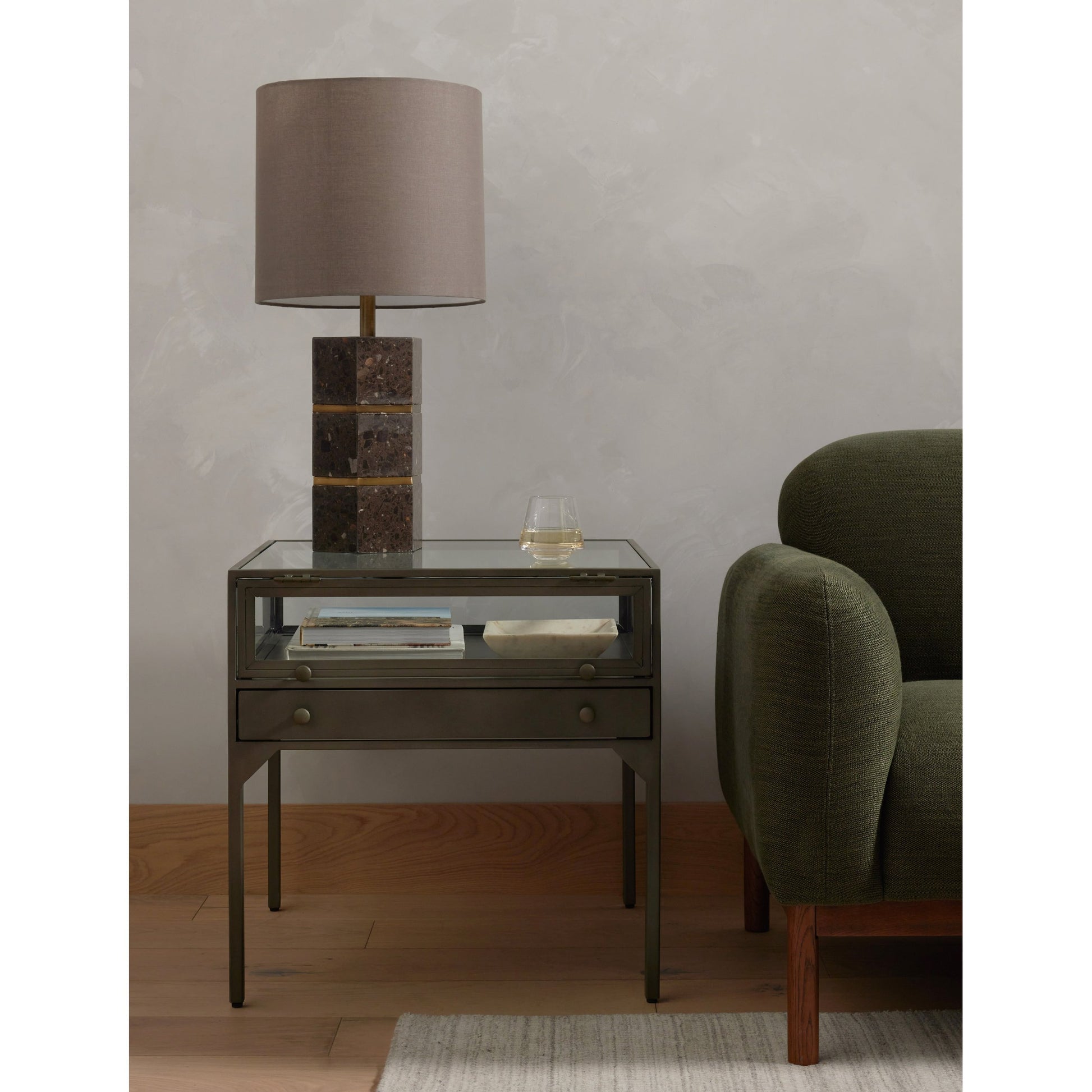 Shadow Box End Table by Four Hands in black. Made from tempered glass, iron in a modern style.