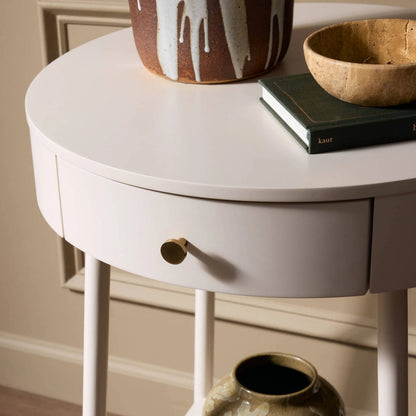 Van Nightstand by Four Hands in aged brass, matte alabaster, golden brass. Made from unique in a modern style.