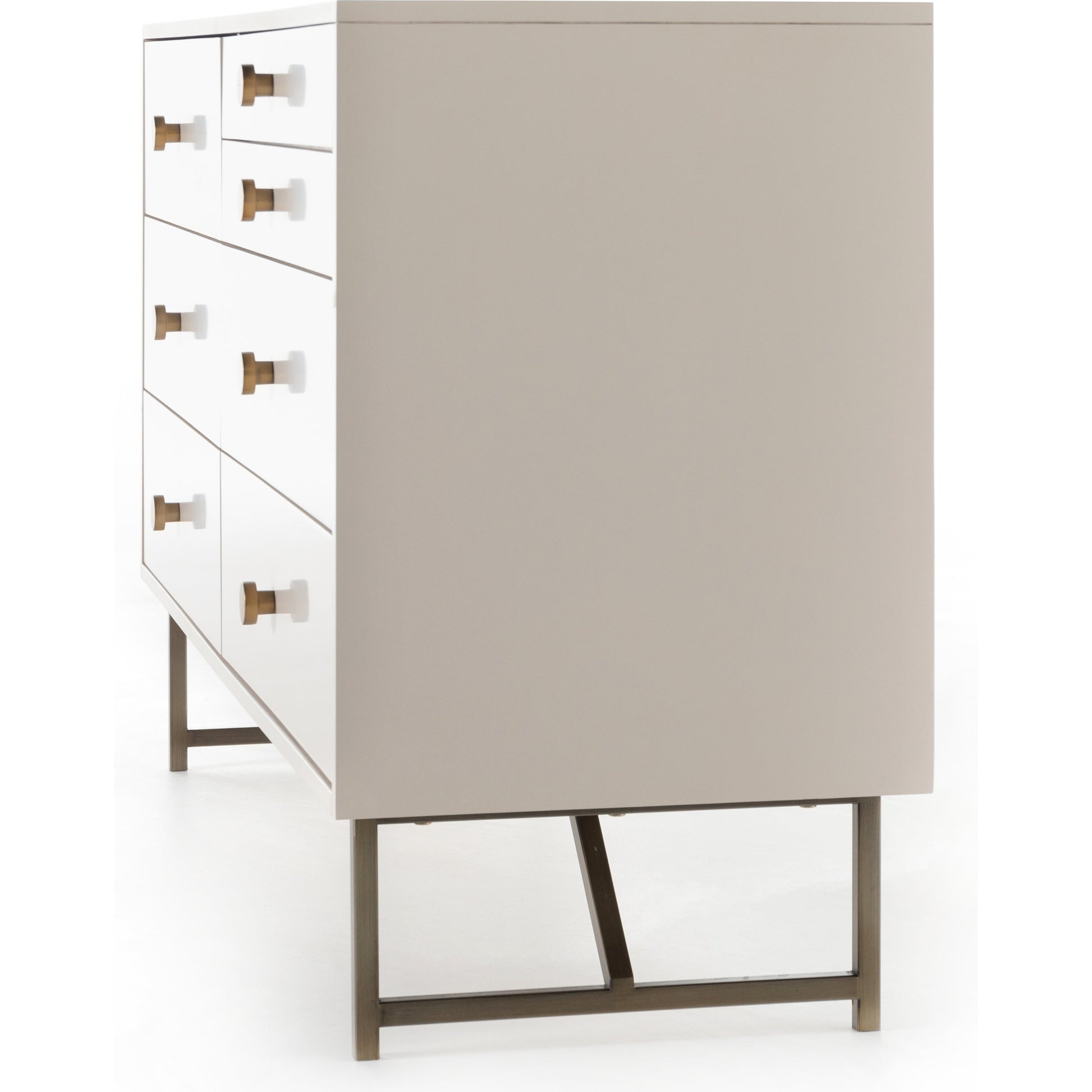 Van 7 Drawer Dresser by Four Hands in aged brass, matte alabaster, golden brass. Made from engineered hardwood, stainless steel, iron in a modern style.