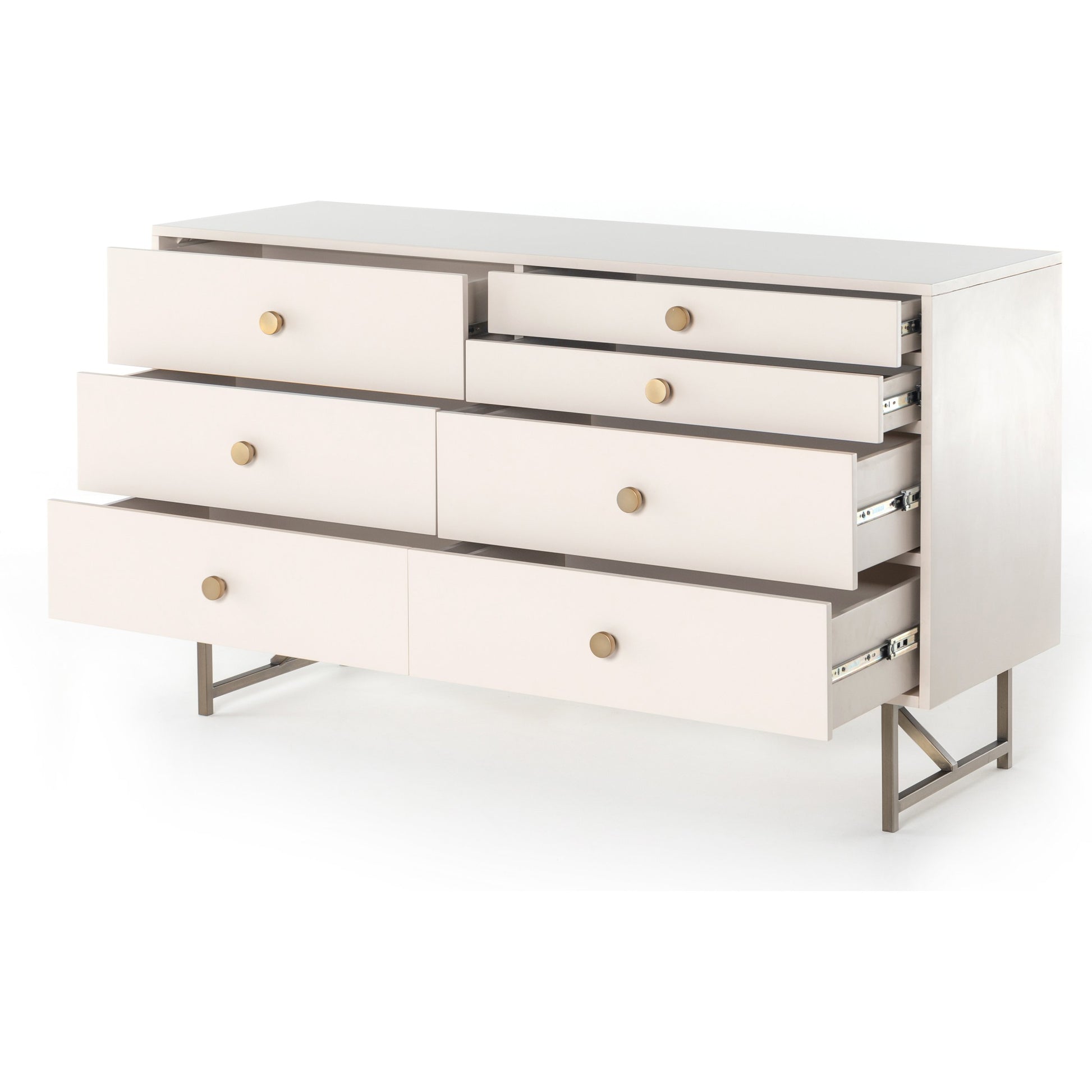 Van 7 Drawer Dresser by Four Hands in aged brass, matte alabaster, golden brass. Made from engineered hardwood, stainless steel, iron in a modern style.