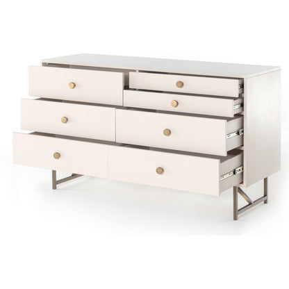 Van 7 Drawer Dresser by Four Hands in aged brass, matte alabaster, golden brass. Made from engineered hardwood, stainless steel, iron in a modern style.