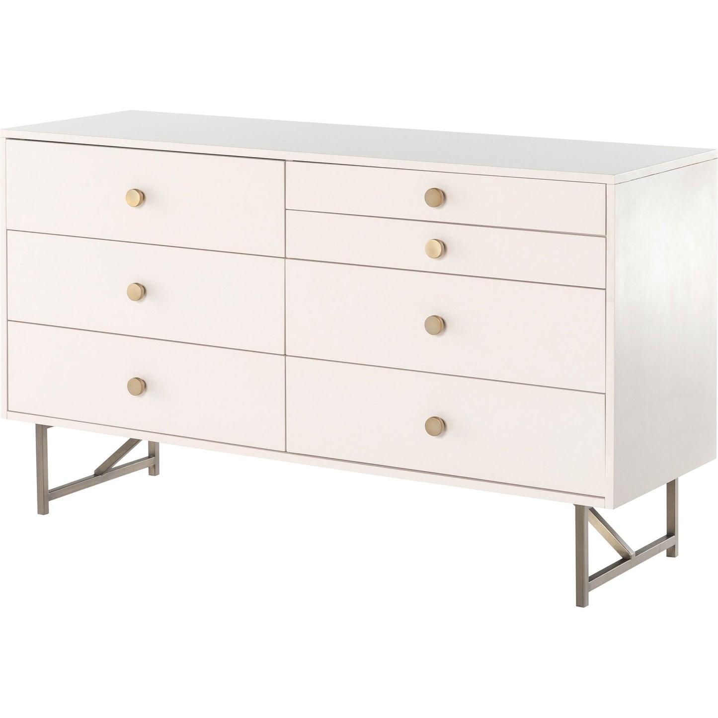001 SI-1717110 | Primary Silo | Van 7 Drawer Dresser by Four Hands in aged brass, matte alabaster, golden brass. Made from engineered hardwood, stainless steel, iron in a modern style.