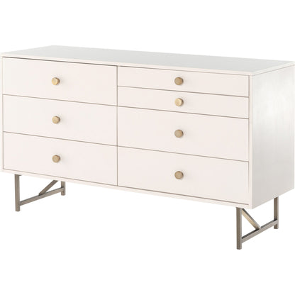 Van 7 Drawer Dresser by Four Hands in aged brass, matte alabaster, golden brass. Made from engineered hardwood, stainless steel, iron in a modern style.