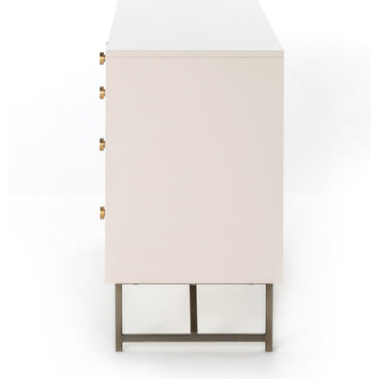 Van 7 Drawer Dresser by Four Hands in aged brass, matte alabaster, golden brass. Made from engineered hardwood, stainless steel, iron in a modern style.