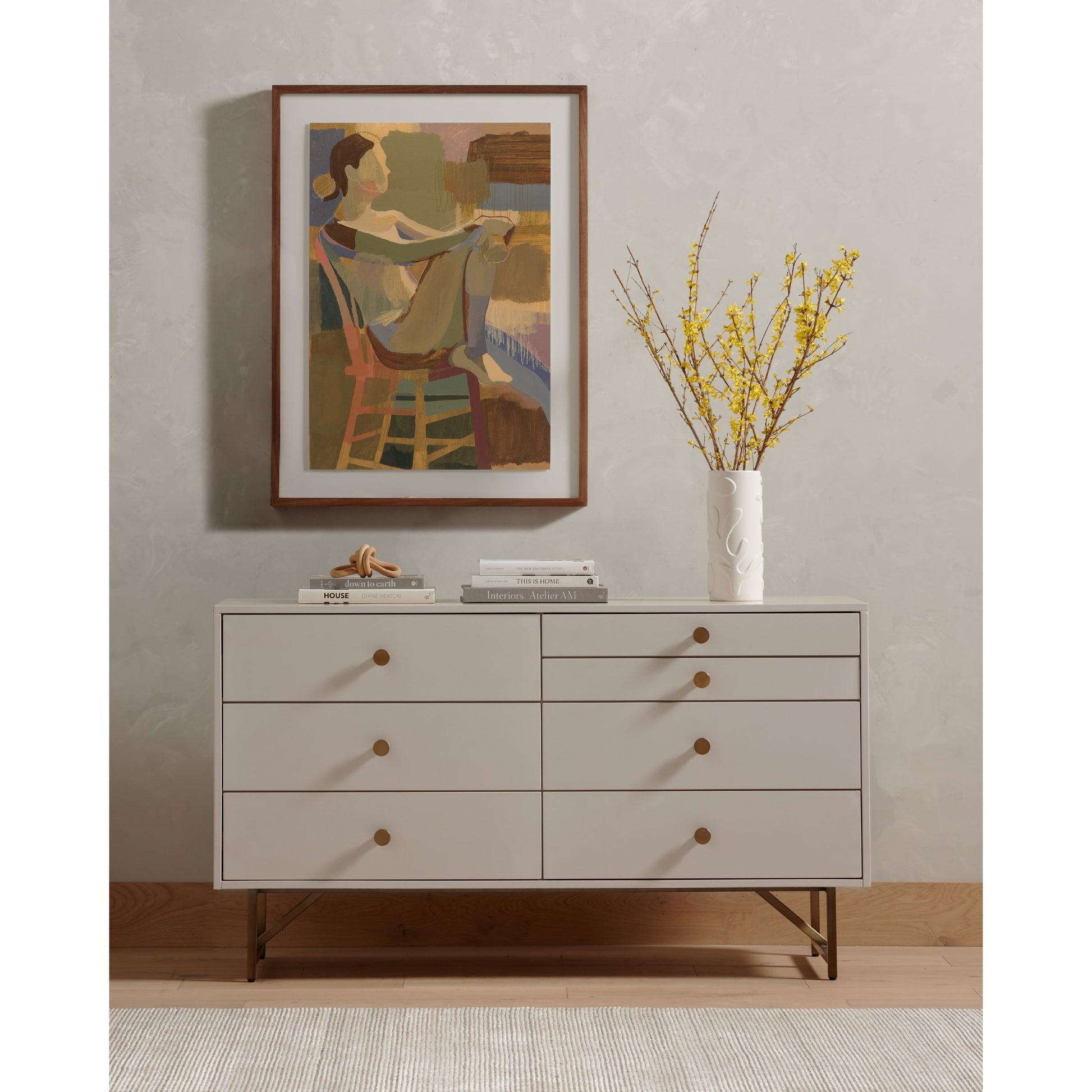 Van 7 Drawer Dresser by Four Hands in aged brass, matte alabaster, golden brass. Made from engineered hardwood, stainless steel, iron in a modern style.