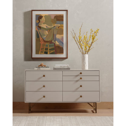 Van 7 Drawer Dresser by Four Hands in aged brass, matte alabaster, golden brass. Made from engineered hardwood, stainless steel, iron in a modern style.