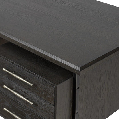 Lauren Desk by Four Hands in charcoal oak resawn veneer, black and silver metal, charcoal oak veneer. Made from resawn oak, iron, oak veneer in a unique style.