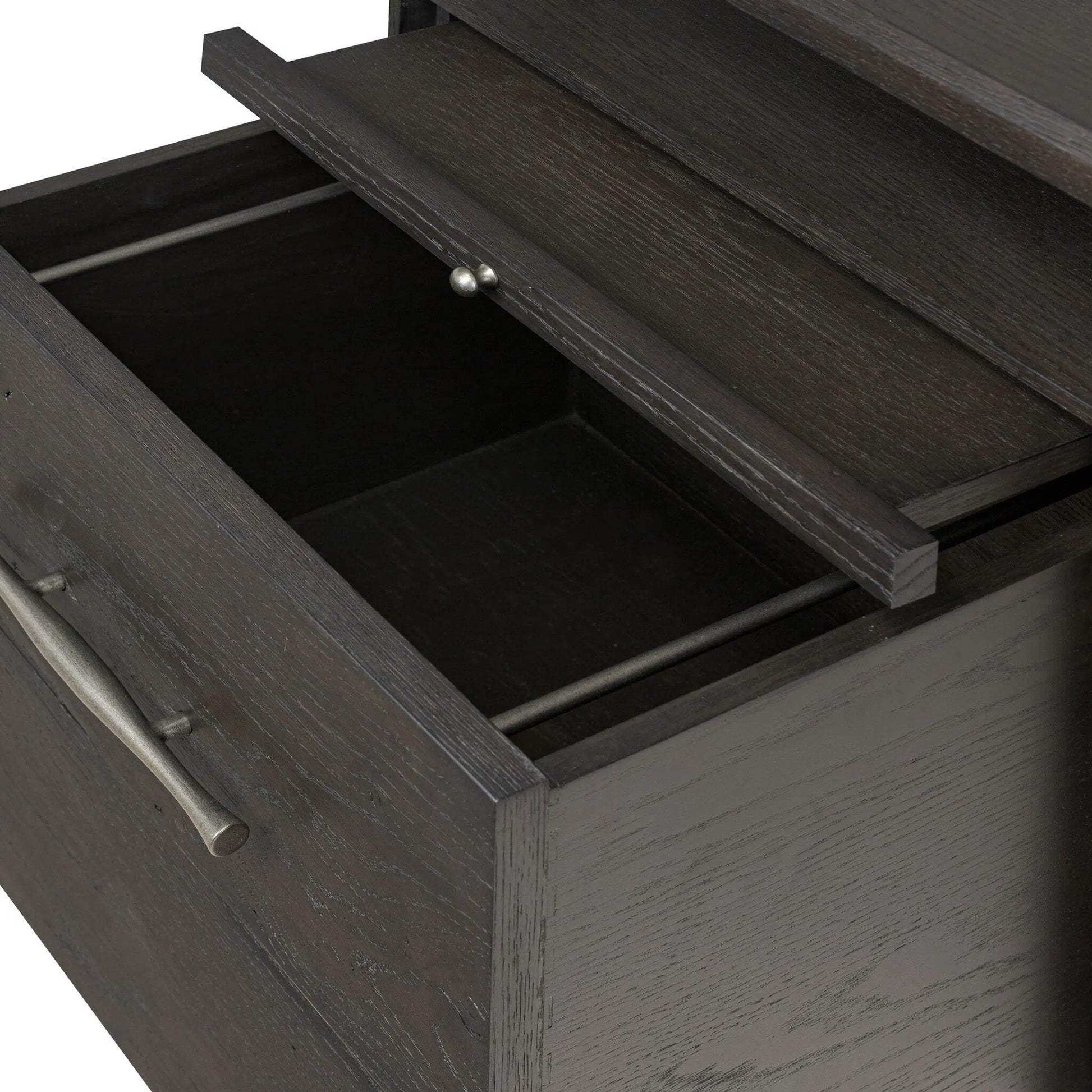 Lauren Desk by Four Hands in charcoal oak resawn veneer, black and silver metal, charcoal oak veneer. Made from resawn oak, iron, oak veneer in a unique style.