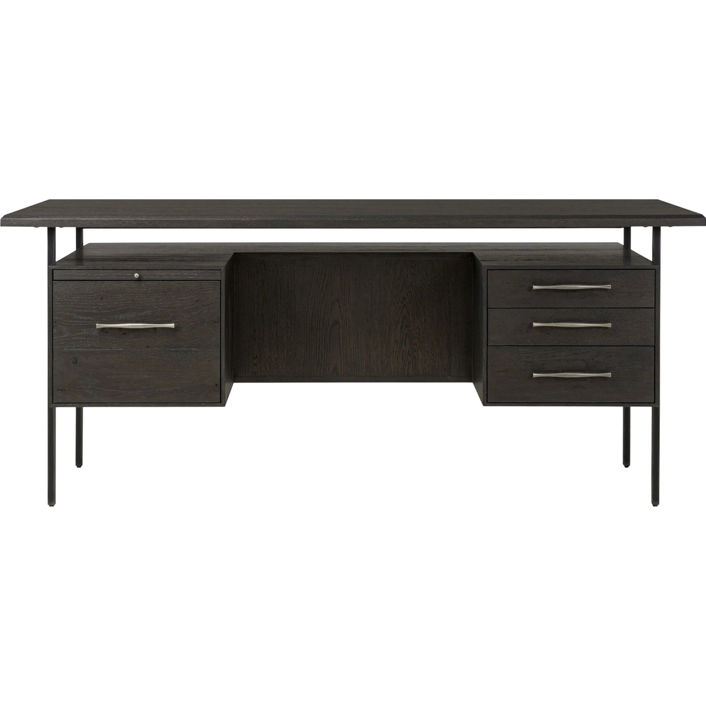 001 SI-2320146 | Primary Silo | Lauren Desk by Four Hands in charcoal oak resawn veneer, black and silver metal, charcoal oak veneer. Made from resawn oak, iron, oak veneer in a unique style.