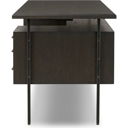 Lauren Desk by Four Hands in charcoal oak resawn veneer, black and silver metal, charcoal oak veneer. Made from resawn oak, iron, oak veneer in a unique style.