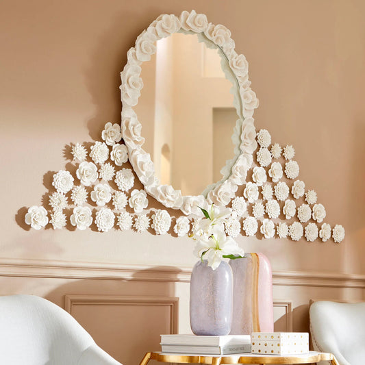 Gardenia Mirror by Cyan Design in white. Made from iron, resin, wood, mirrored glass in a cottage & farmhouse style.