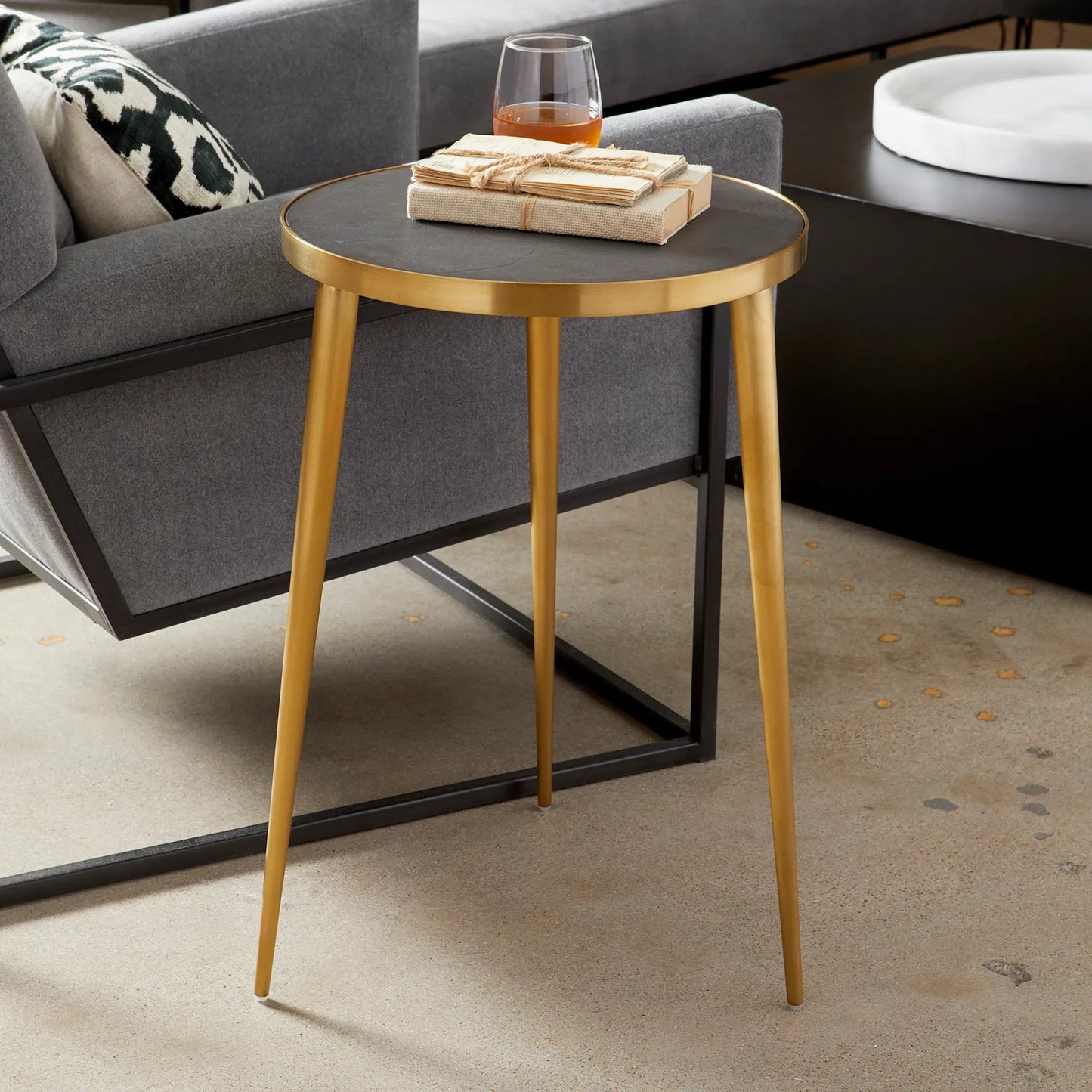 005 SR-745326 | Lifestyle | Bremen Side Table by Cyan Design in gold. Made from stainless steel, concrete in a modern style.