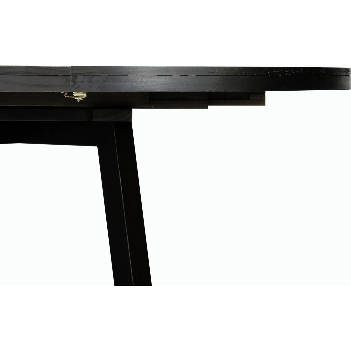 005 SI-2158148 | Closeup | Eberwin Round Ext Dining Table by Four Hands in dark carbon. Made from solid reclaimed pine in a modern style.
