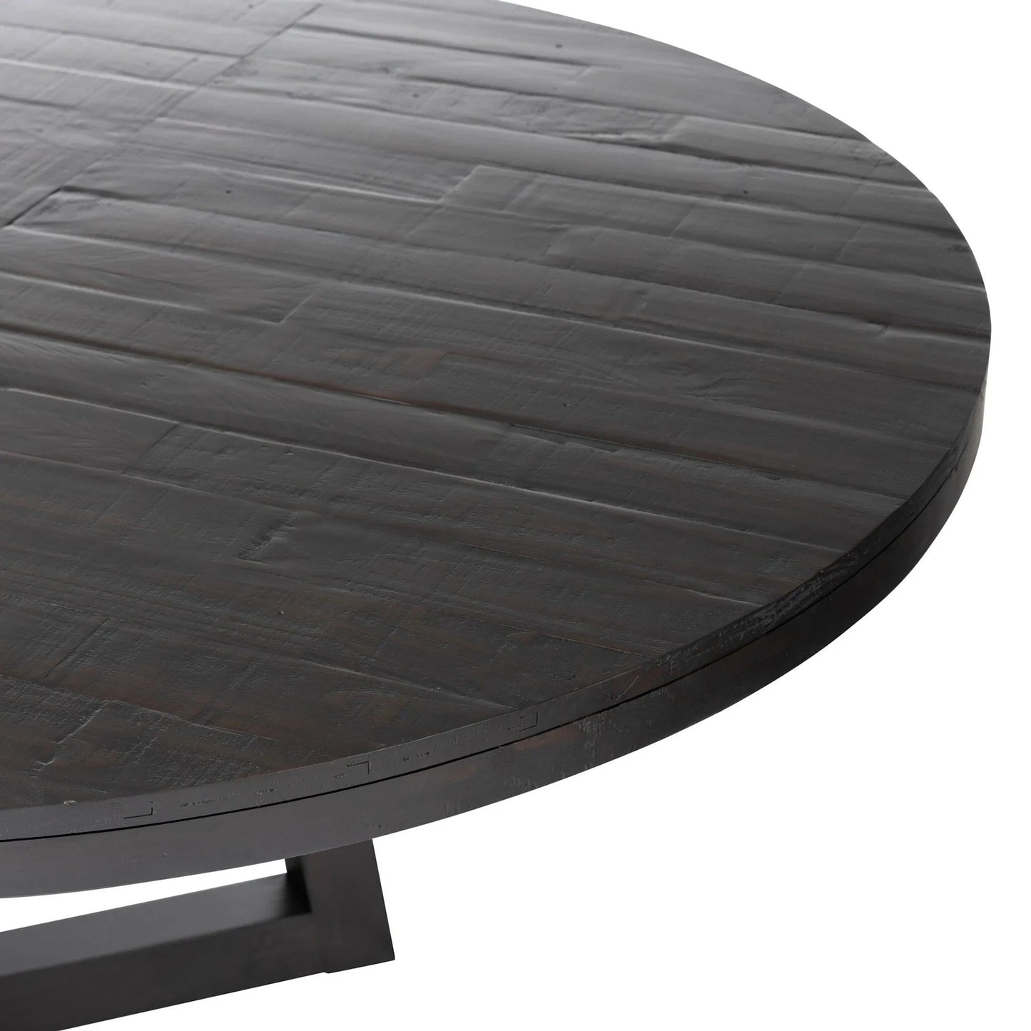 011 SI-2158148 | Closeup | Eberwin Round Ext Dining Table by Four Hands in dark carbon. Made from solid reclaimed pine in a modern style.