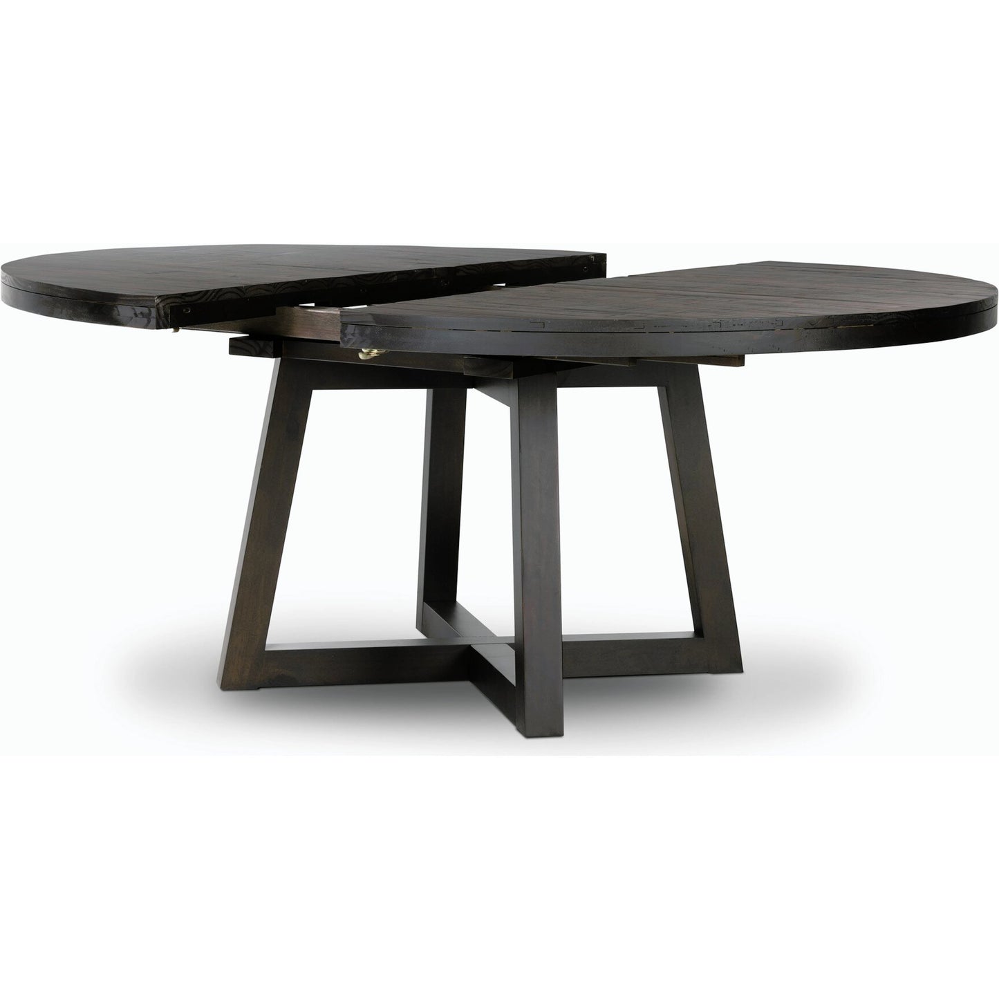 006 SI-2158148 | Closeup | Eberwin Round Ext Dining Table by Four Hands in dark carbon. Made from solid reclaimed pine in a modern style.