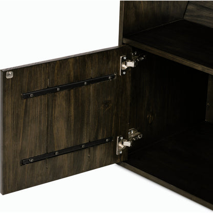 Bane Bookshelf by Four Hands in smoked pine, black iron. Made from solid pine, iron in a modern style.