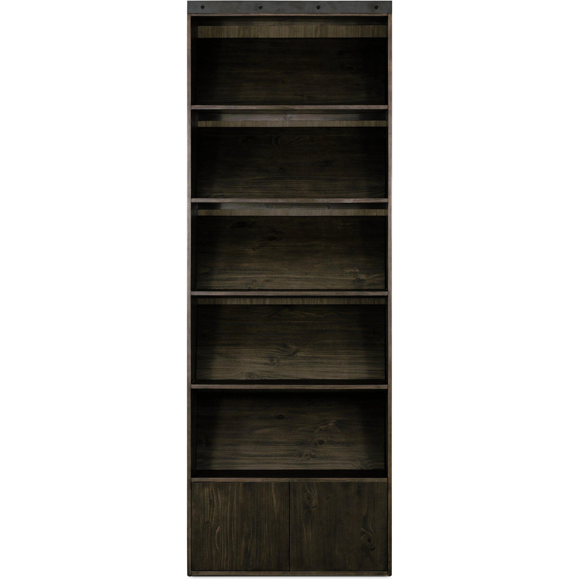Bane Bookshelf by Four Hands in smoked pine, black iron. Made from solid pine, iron in a modern style.