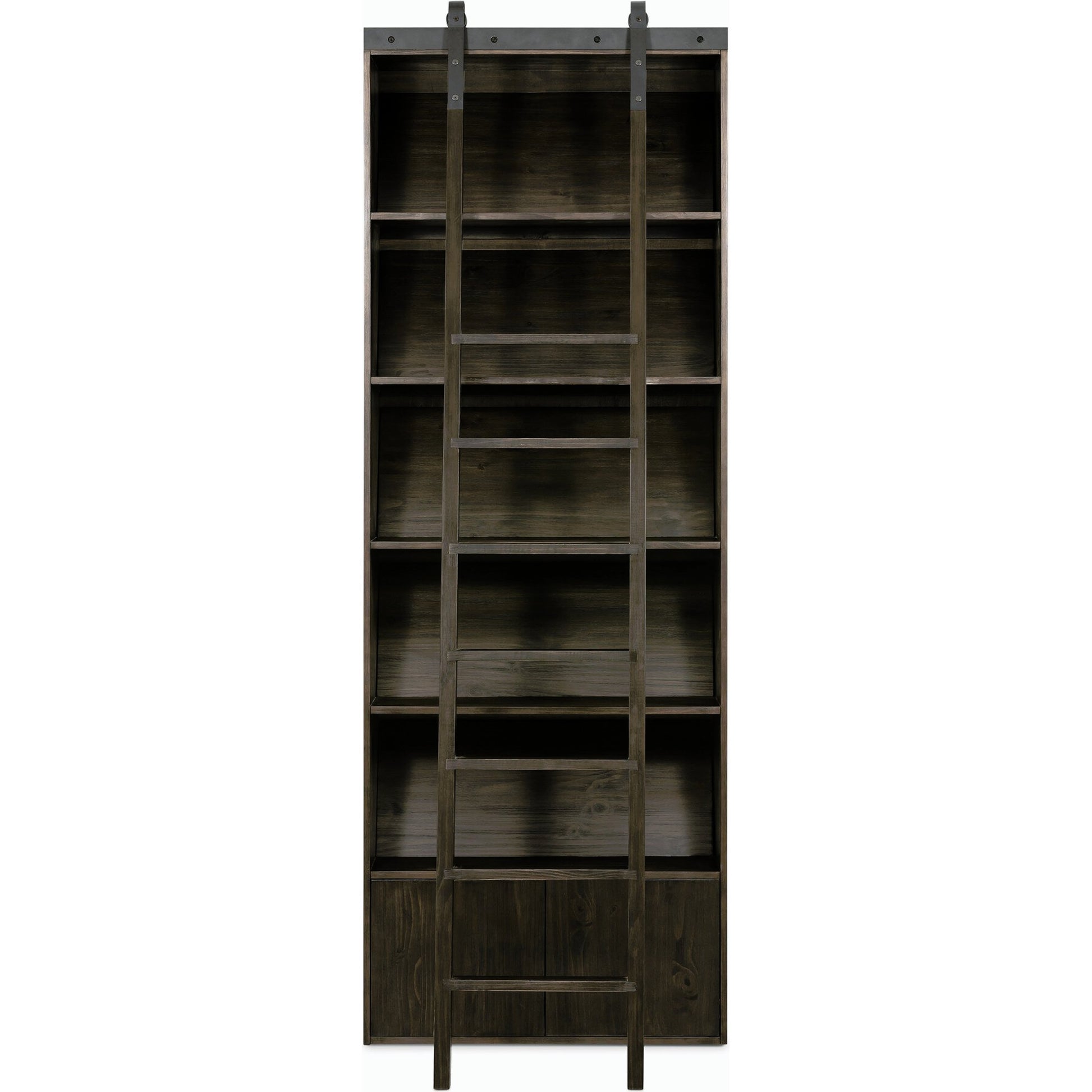 Bane Bookshelf by Four Hands in smoked pine, black iron. Made from solid pine, iron in a modern style.