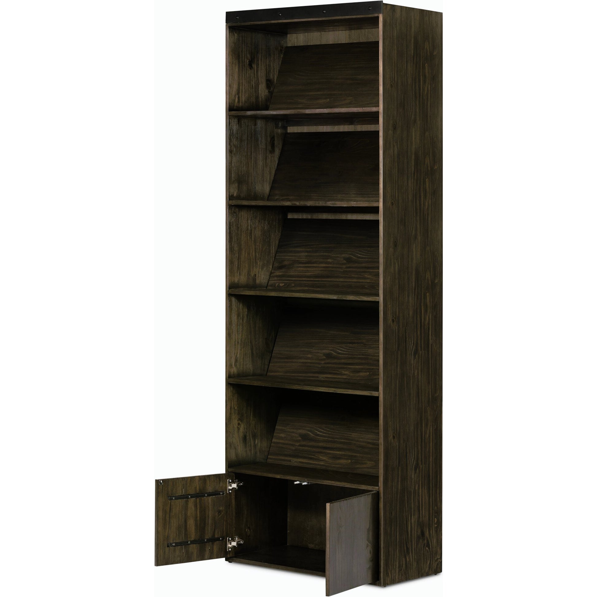 Bane Bookshelf by Four Hands in smoked pine, black iron. Made from solid pine, iron in a modern style.