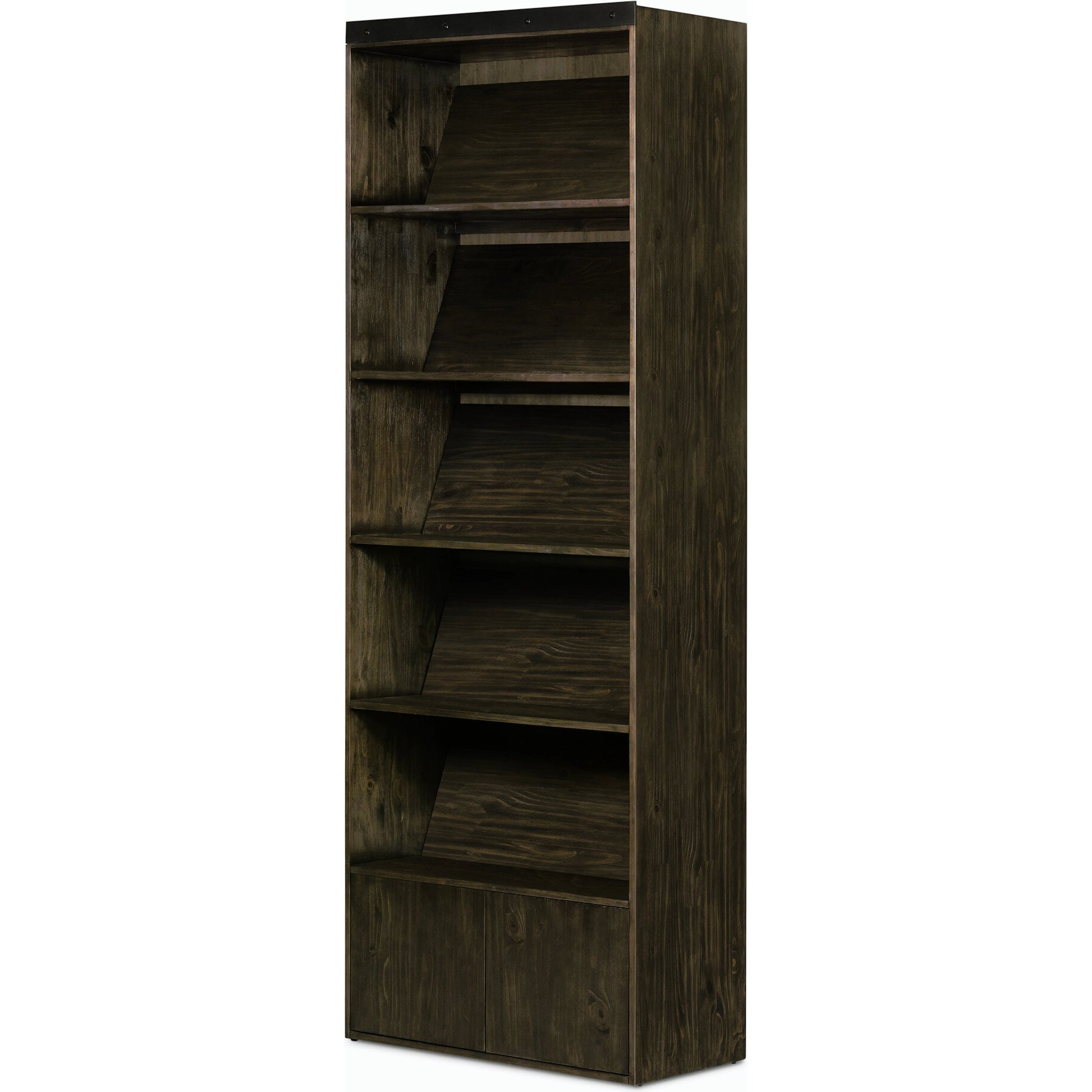 Bane Bookshelf by Four Hands in smoked pine, black iron. Made from solid pine, iron in a modern style.