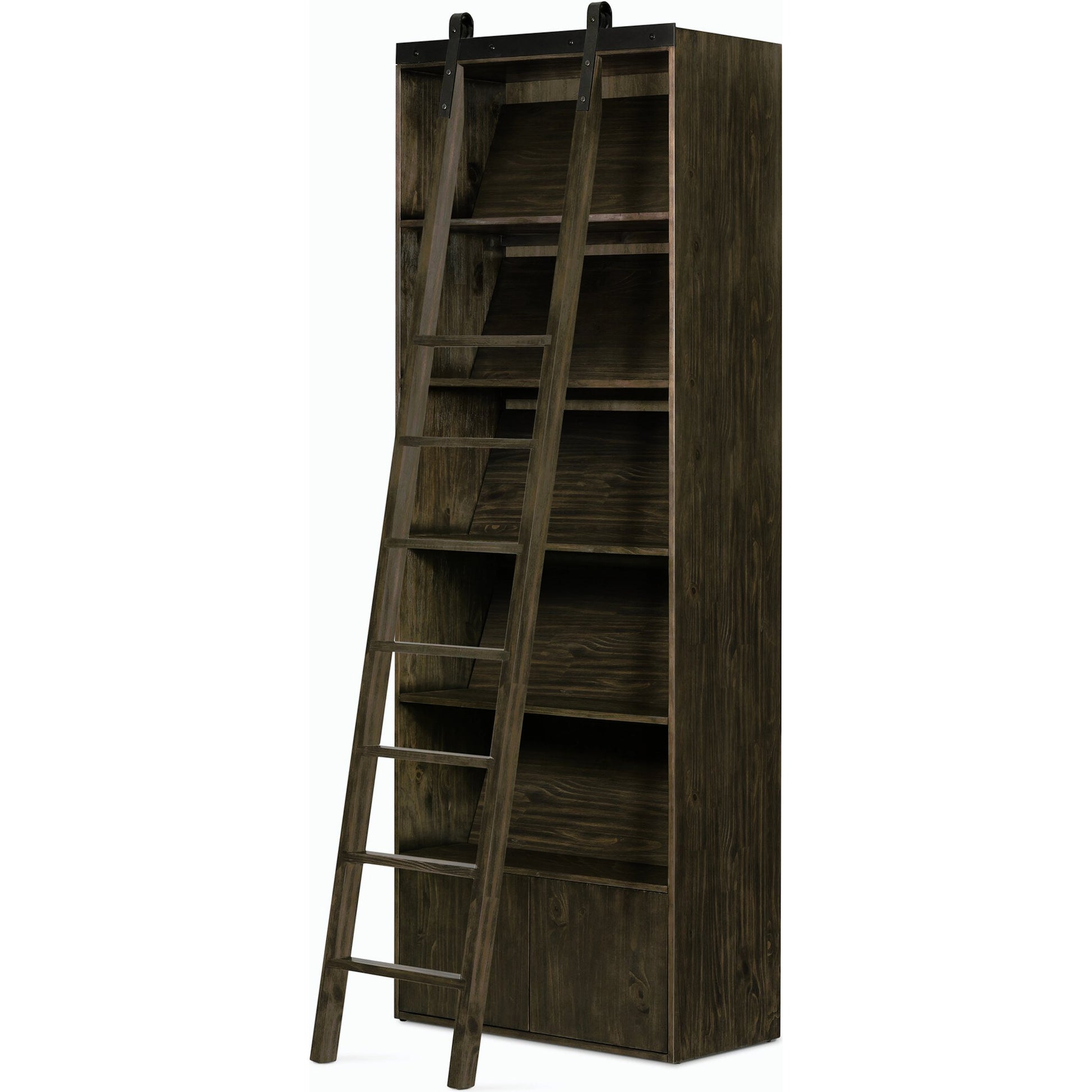 Bane Bookshelf by Four Hands in smoked pine, black iron. Made from solid pine, iron in a modern style.