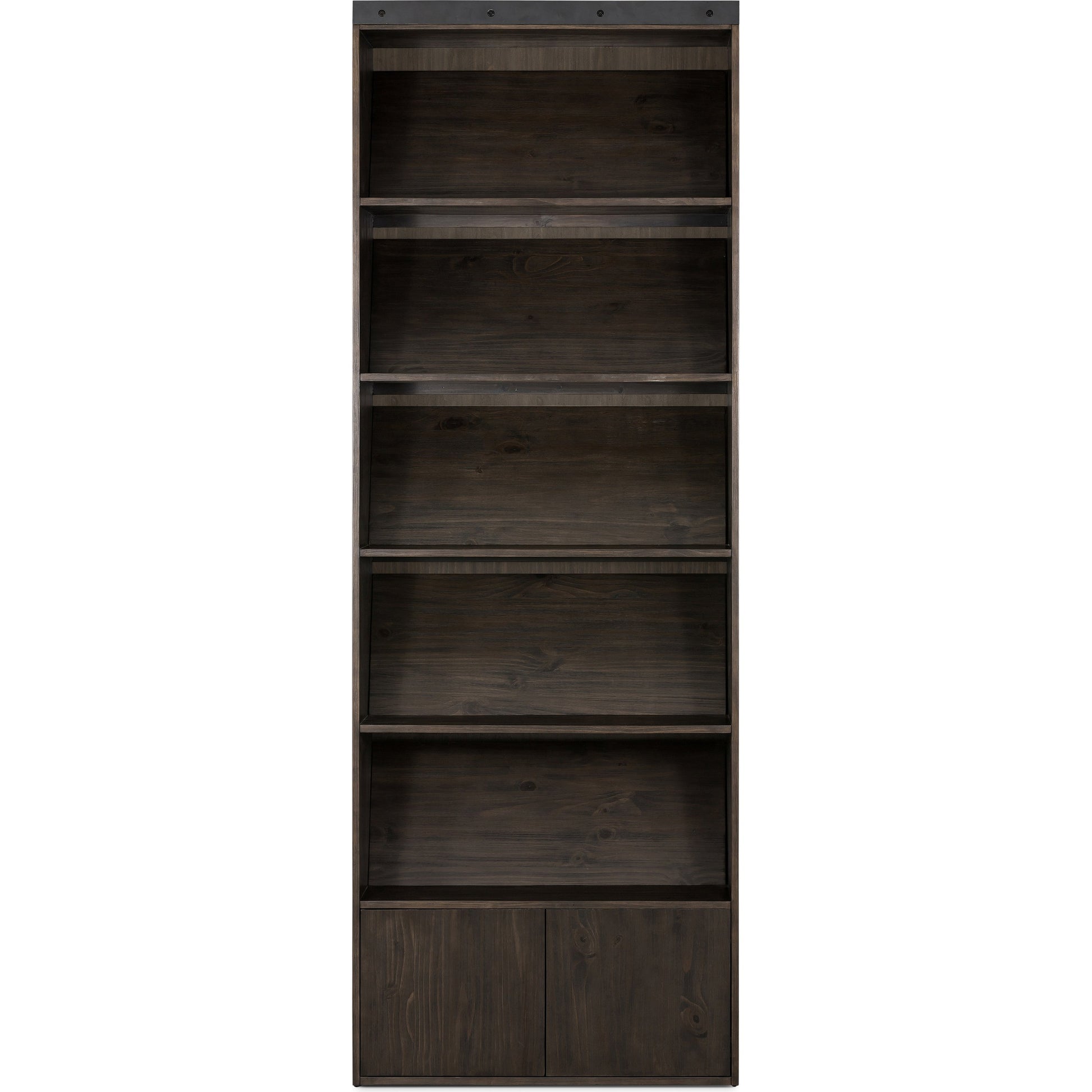 Bane Bookshelf by Four Hands in smoked pine, black iron. Made from solid pine, iron in a modern style.