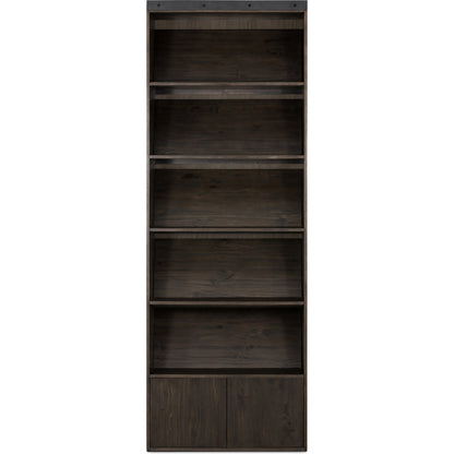 Bane Bookshelf by Four Hands in smoked pine, black iron. Made from solid pine, iron in a modern style.