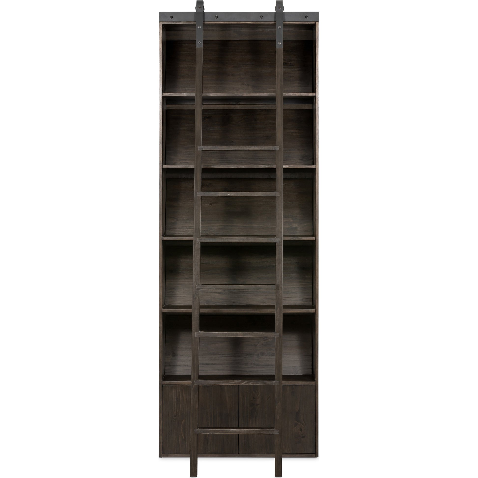 Bane Bookshelf by Four Hands in smoked pine, black iron. Made from solid pine, iron in a modern style.